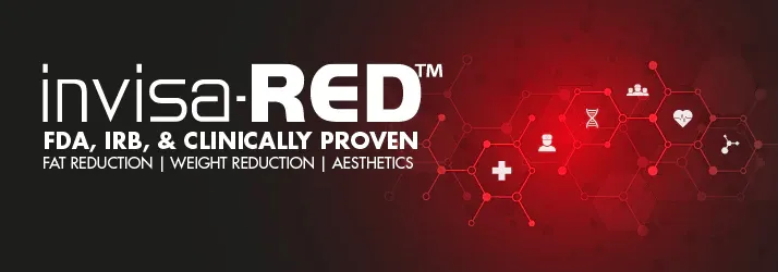 A promotional graphic for invisa-RED™ featuring text that highlights FDA, IRB, and clinically proven benefits for fat reduction, weight reduction, and aesthetics. The background includes red hexagonal patterns with health-related icons.